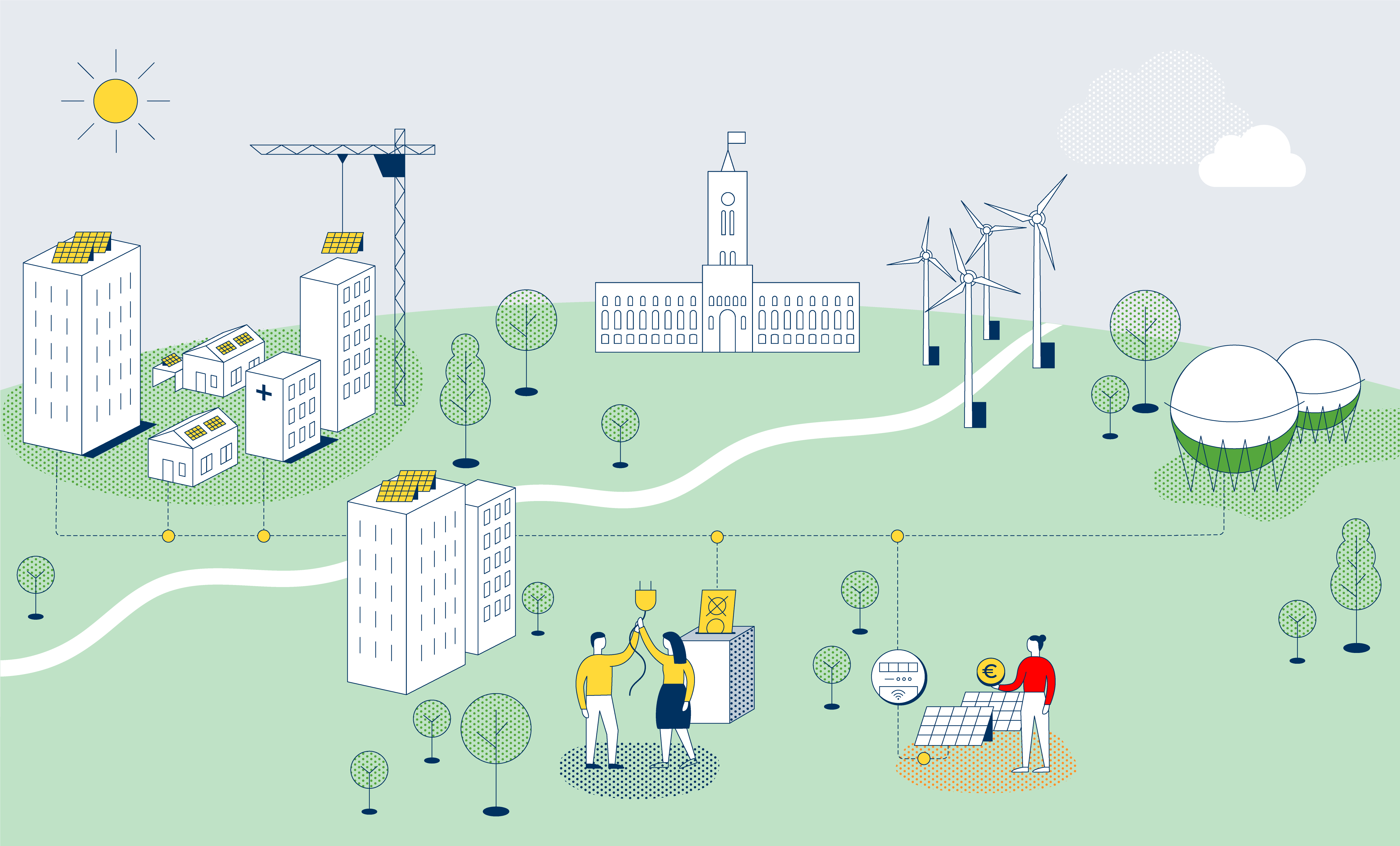 Illustration der Energiewende in Berlin: Hochhäuser mit Photovoltaikanlagen, Personen mit einem Stecker in der Hand, das die Energieversorgung in Bürgerhand darstellen soll, Biogastanks, Windräder und das Rote Rathaus auf einer grünen Fläche vor einem grauem Hintergrund. Eine Sonne und eine Wolke sind am Himmel zu sehen. Eine Person hält eine Euromünze, um bezahlbare Energie darzustellen.